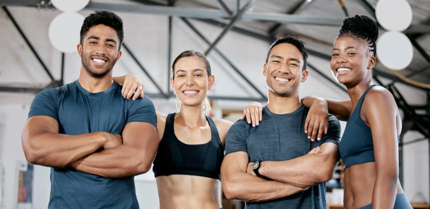 Fitness smile and portrait of friends in gym for teamwork, support and workout. Motivation, coachin