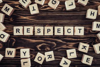 flat lay with arranged wooden blocks in respect word on brown wooden surface