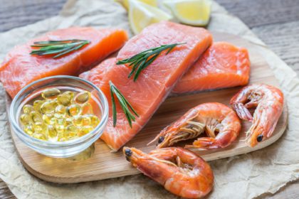 Sources of Omega-3 acid (salmon, shrimps, Omega-3 pills)